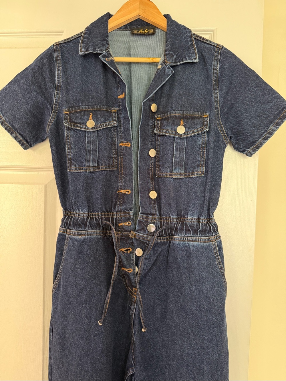 bebe Dark Blue Denim Short Sleeve Jumpsuit